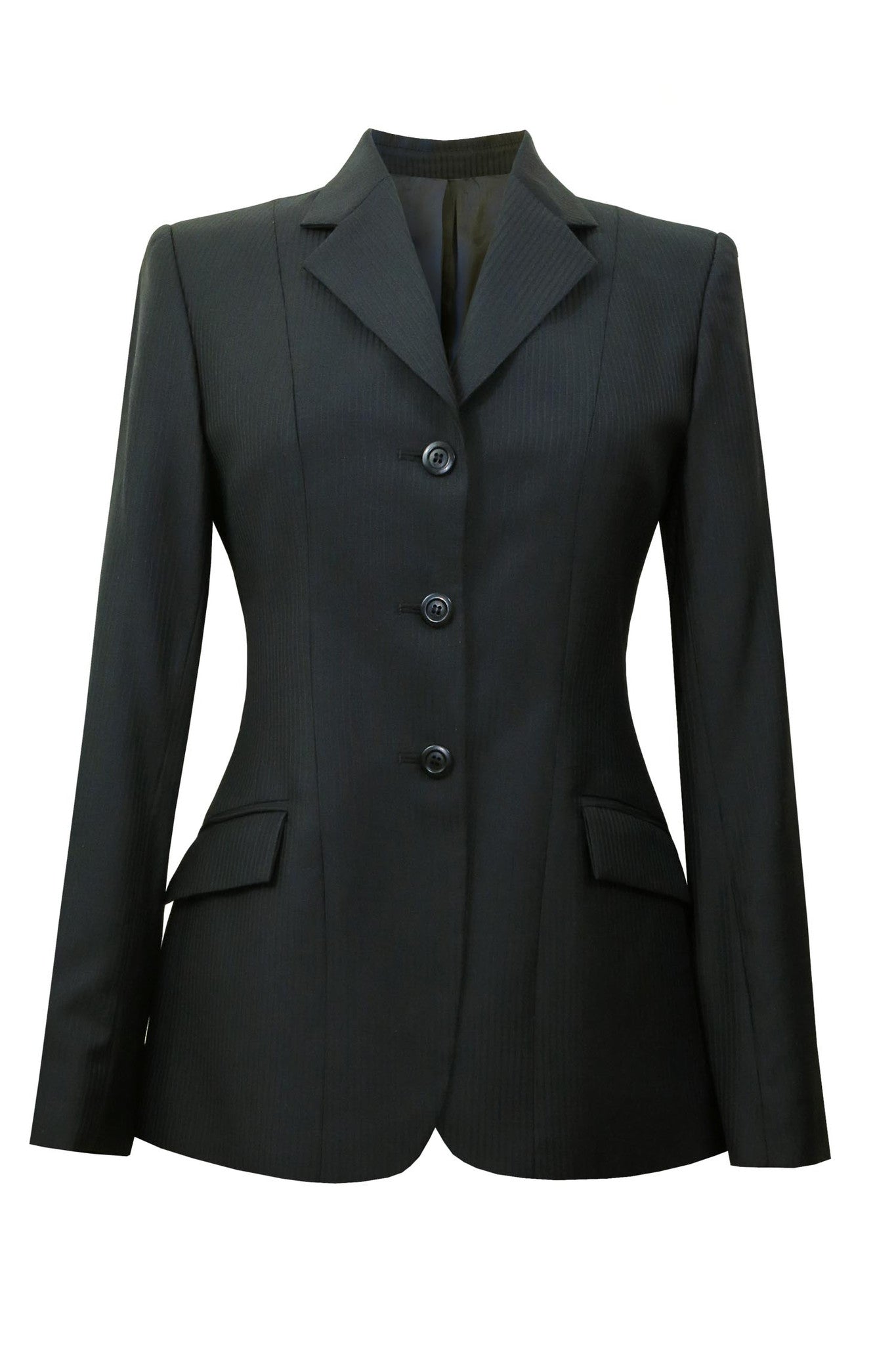 Black wool jacket with thin tonal stripes.