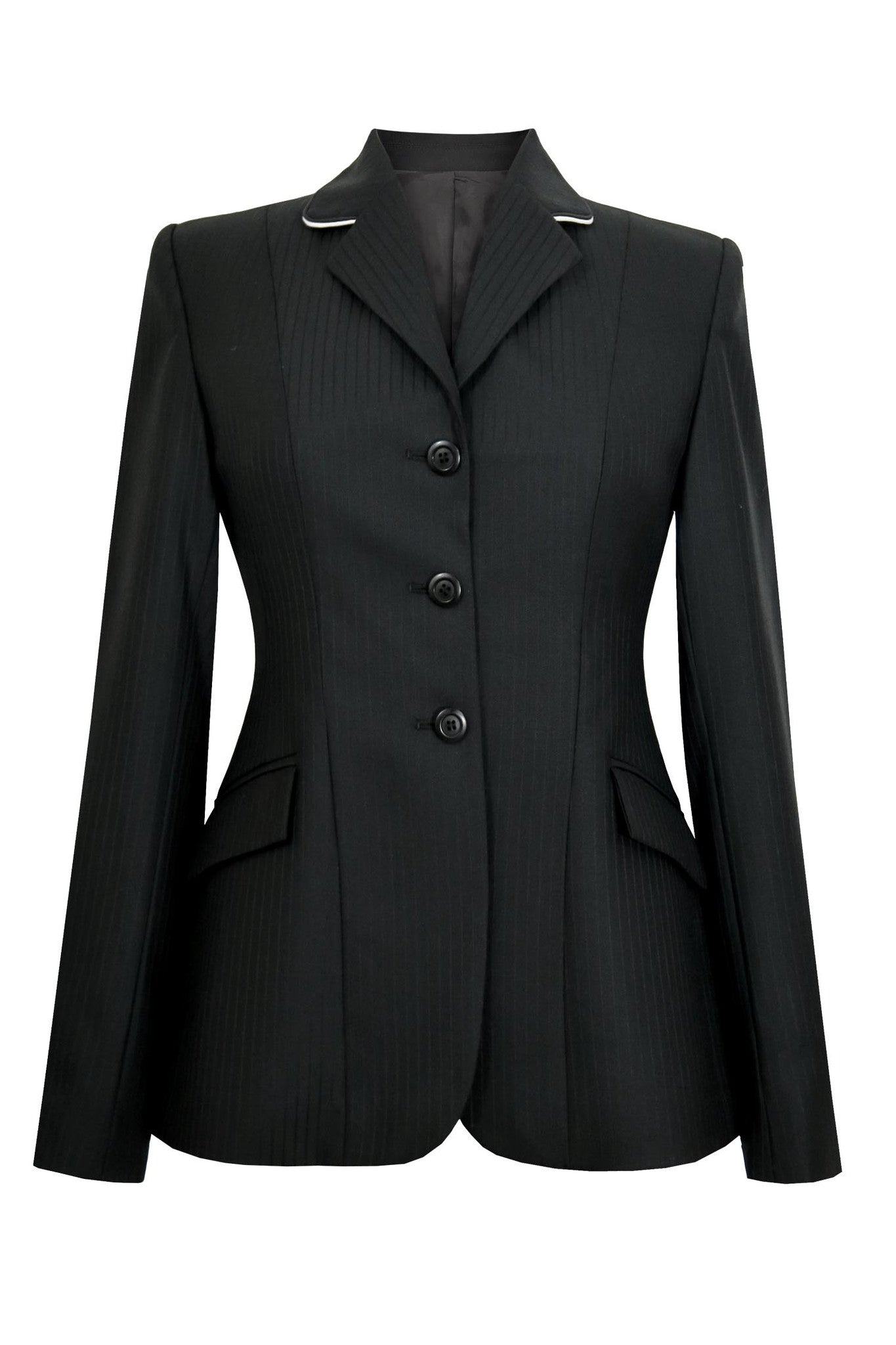 Black wool jacket with thin tonal stripes. White piping on collar.