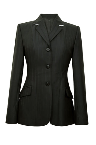 Black wool jacket with wide set stripes and white piping on collar.
