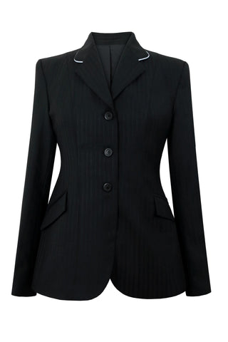 Black multi stripe wool jacket with high sheen. Collar is white piping.