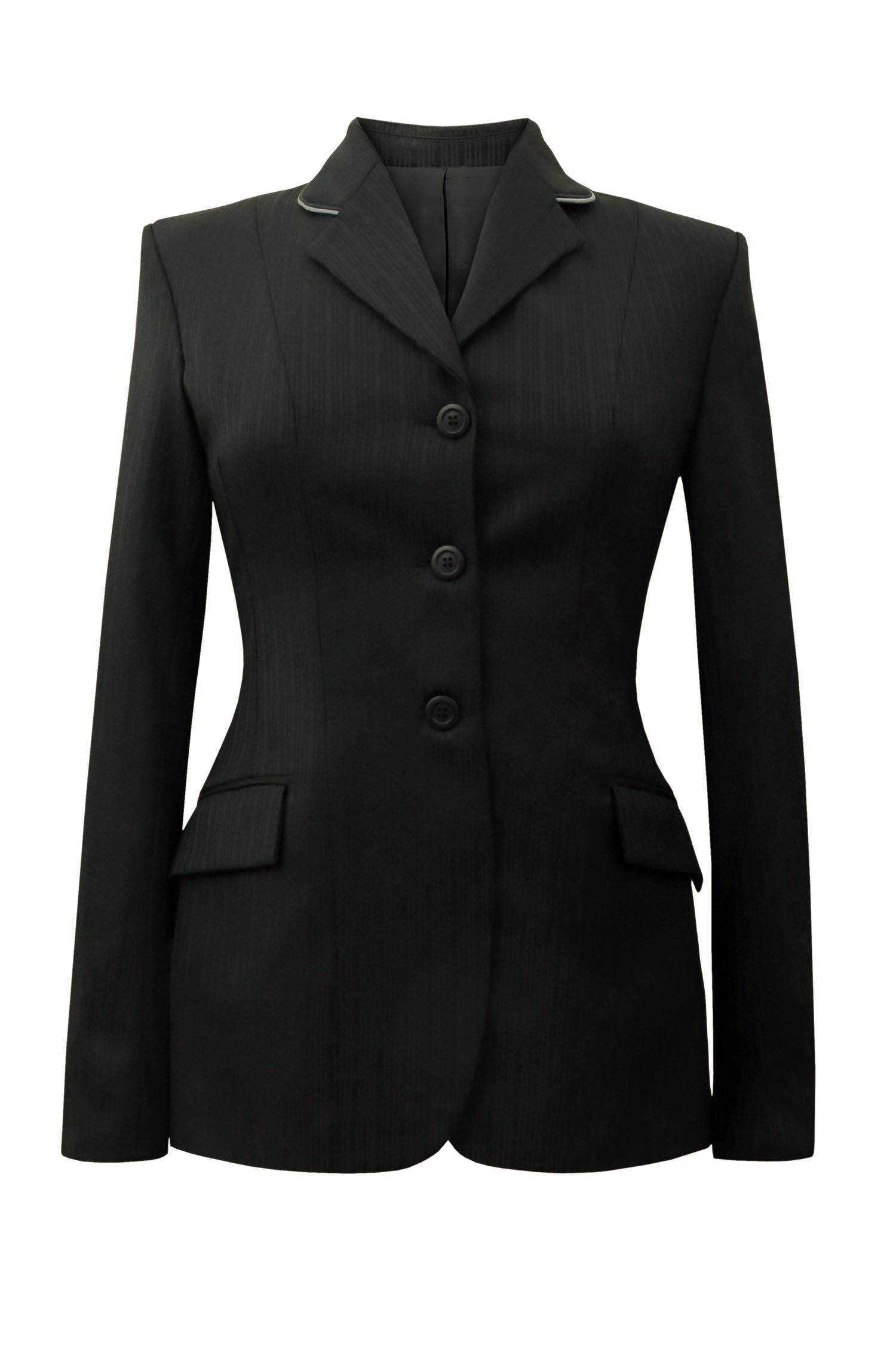 Black variant stripe wool jacket with high sheen with grey piping.