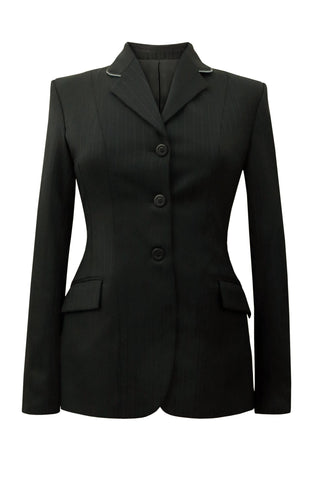 Black variant stripe wool jacket with high sheen with grey piping.
