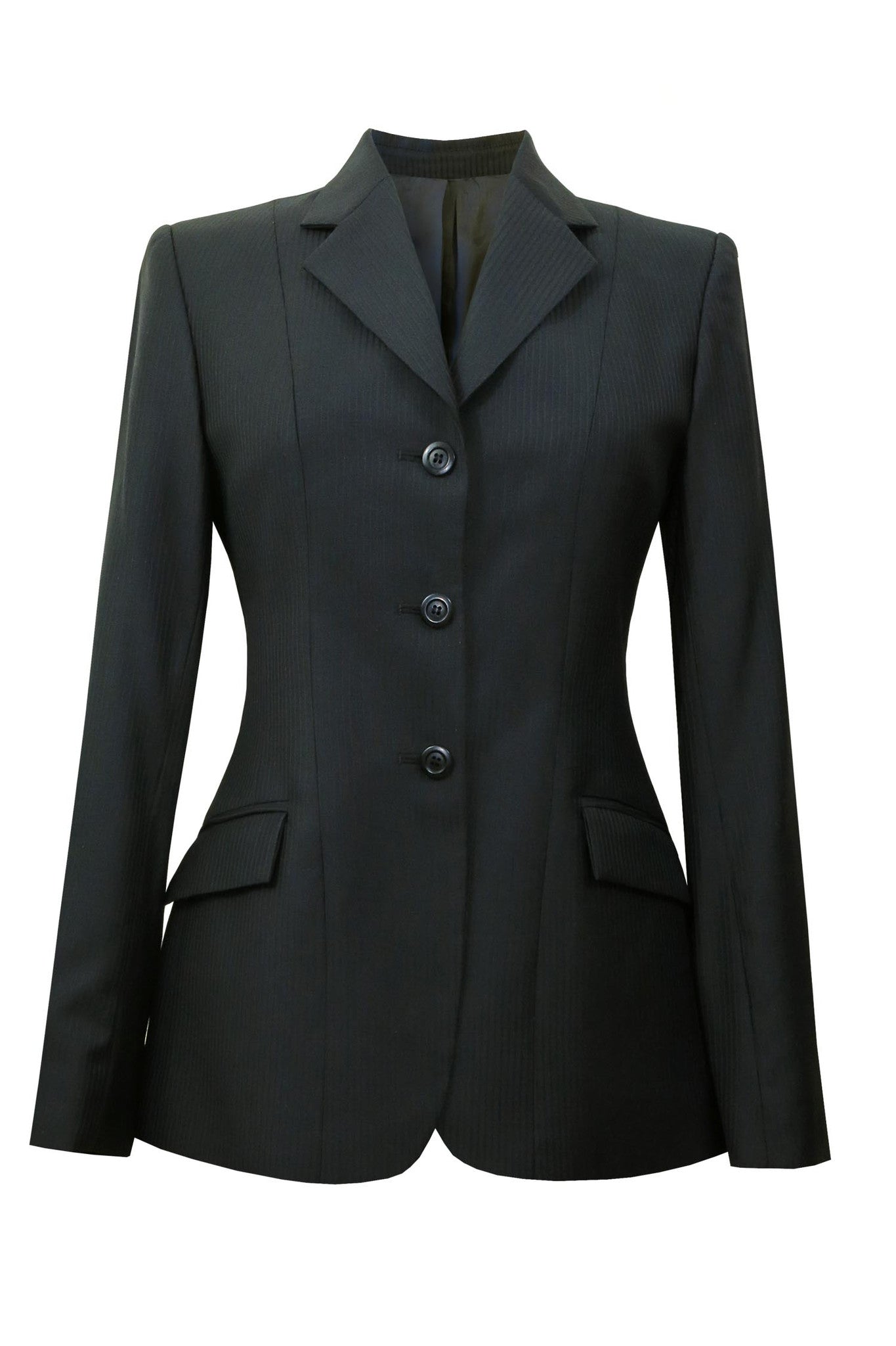 Black wool jacket with thin tonal stripes. 