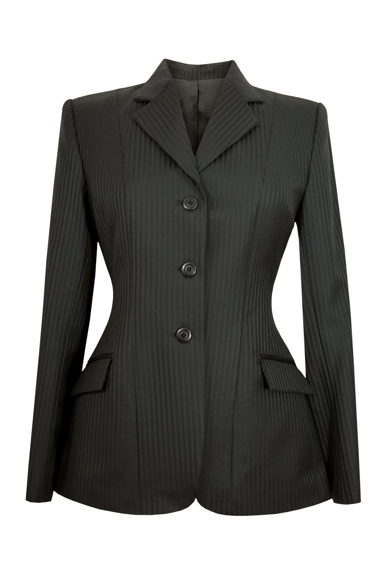 Black wool jacket with thick stripes. 